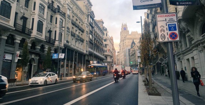 Gran VÃ­a a las 8.30 horas el dÃ­a de la entrada en vigor de Madrid Central